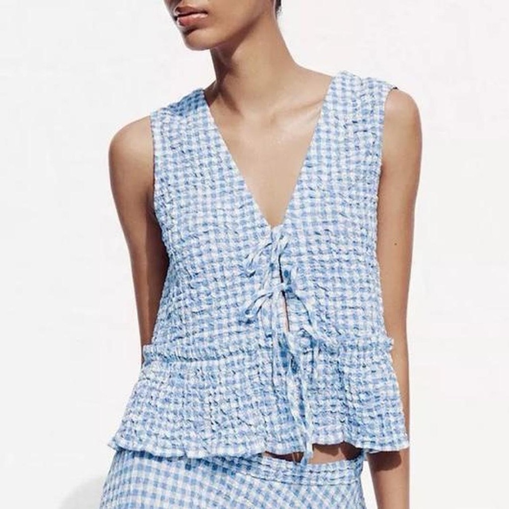 NWT Zara Gingham Tie Front Textured Tank Top in Blue/White - M